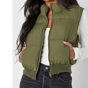 Lulus Mock Neck Puffer‎ Vest Quilted Sleeveless Full Zip Casual Womens L